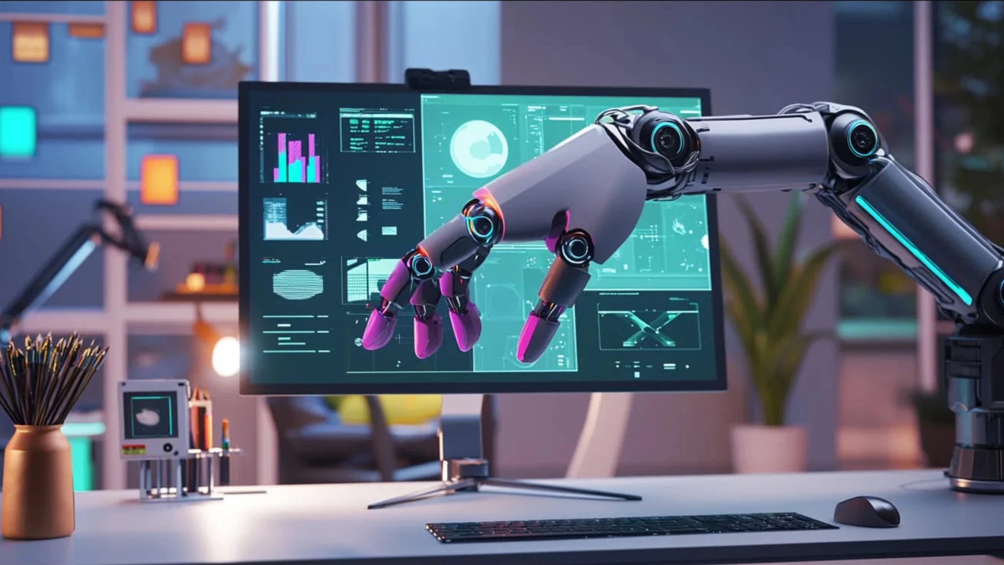 A robot holds a computer monitor in front of a desk, showcasing a blend of technology and workspace design.