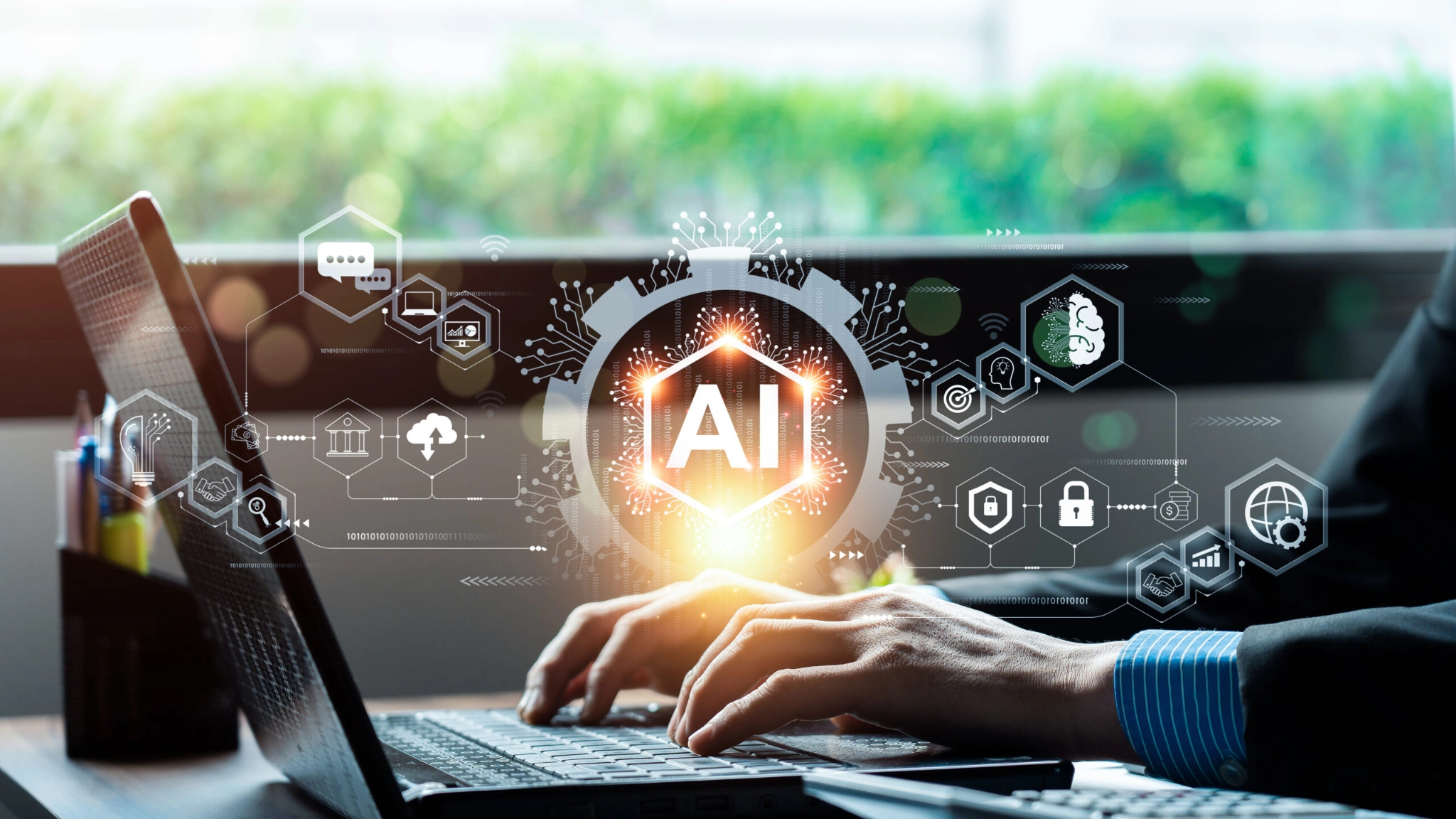 Illustration of AI technology integrated into a business setting, showcasing innovation and digital transformation.