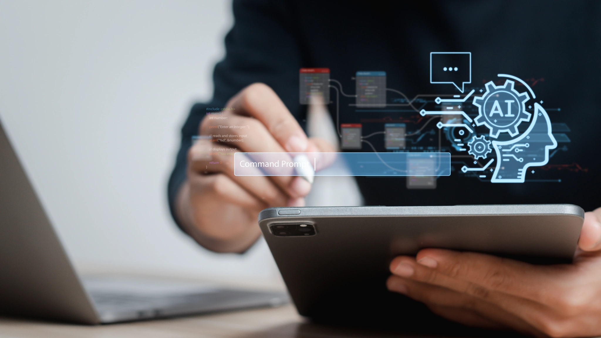 Man interacting with a tablet, showcasing a digital brain interface concept in a modern tech environment.