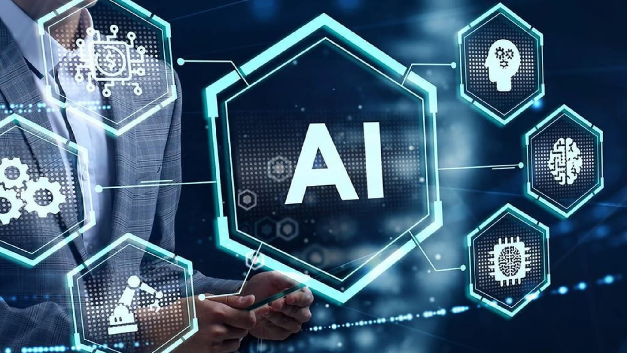 A futuristic graphic illustrating AI's impact on business innovation and growth.