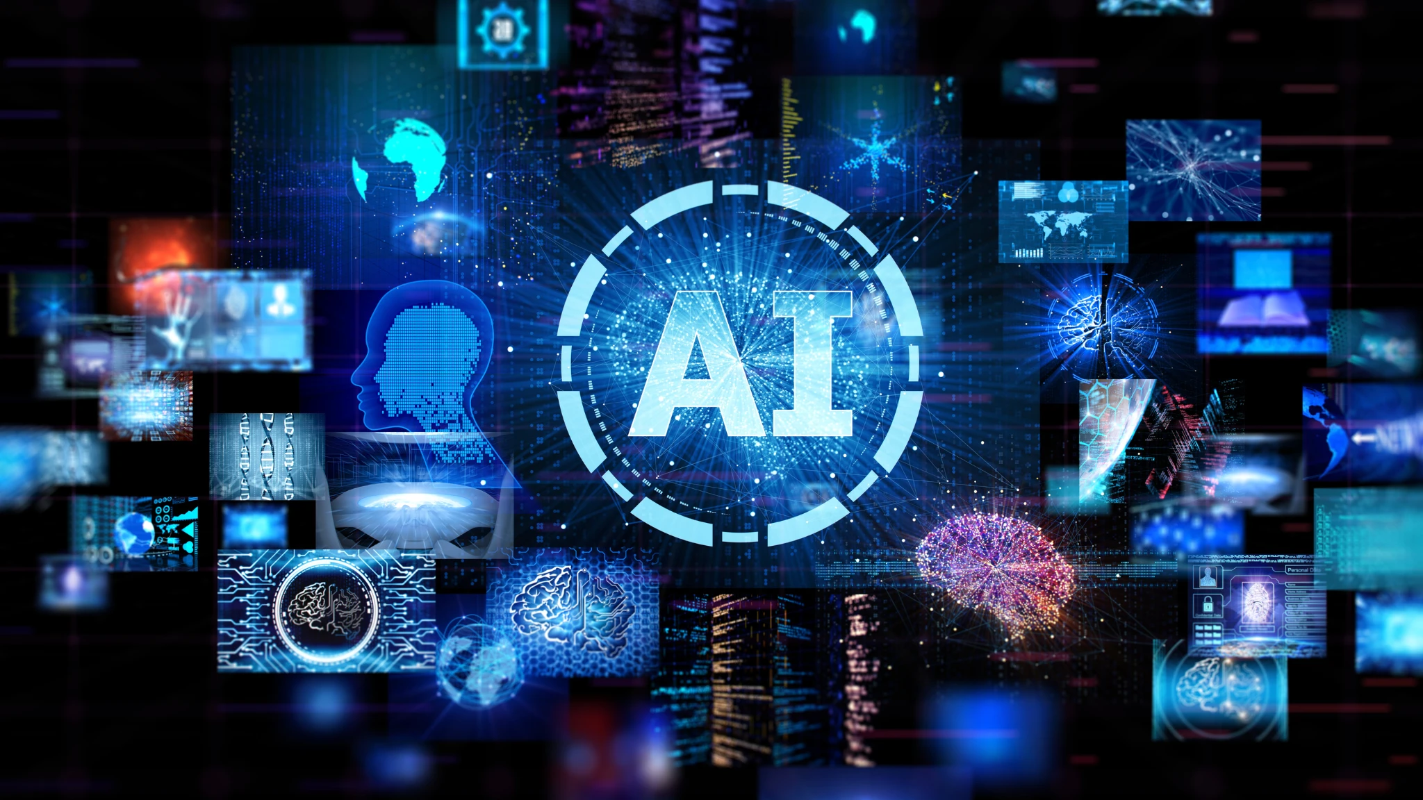 A futuristic graphic illustrating AI technology as the key to transforming business operations and strategies.