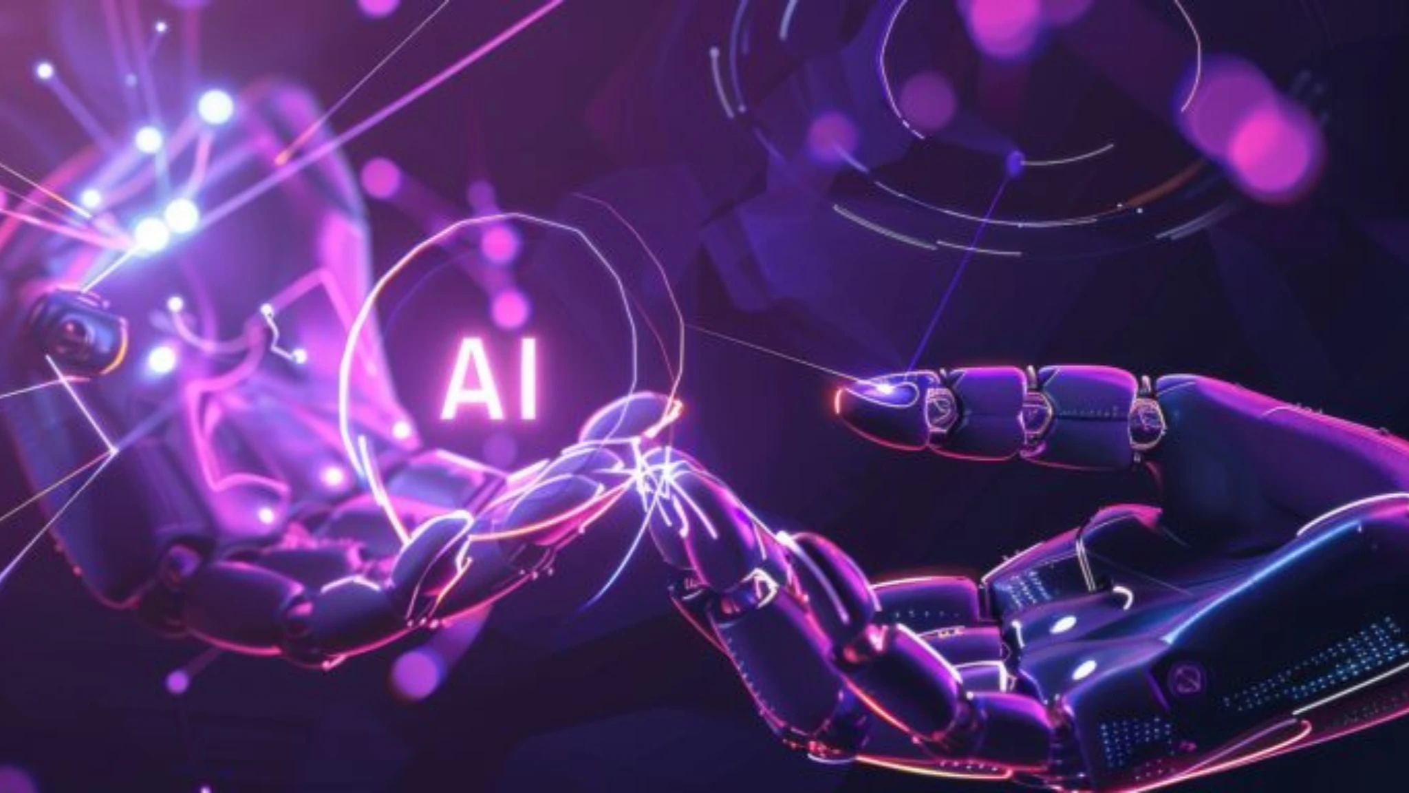 A futuristic workspace featuring AI technology, illustrating the evolving relationship between AI and the future of work.