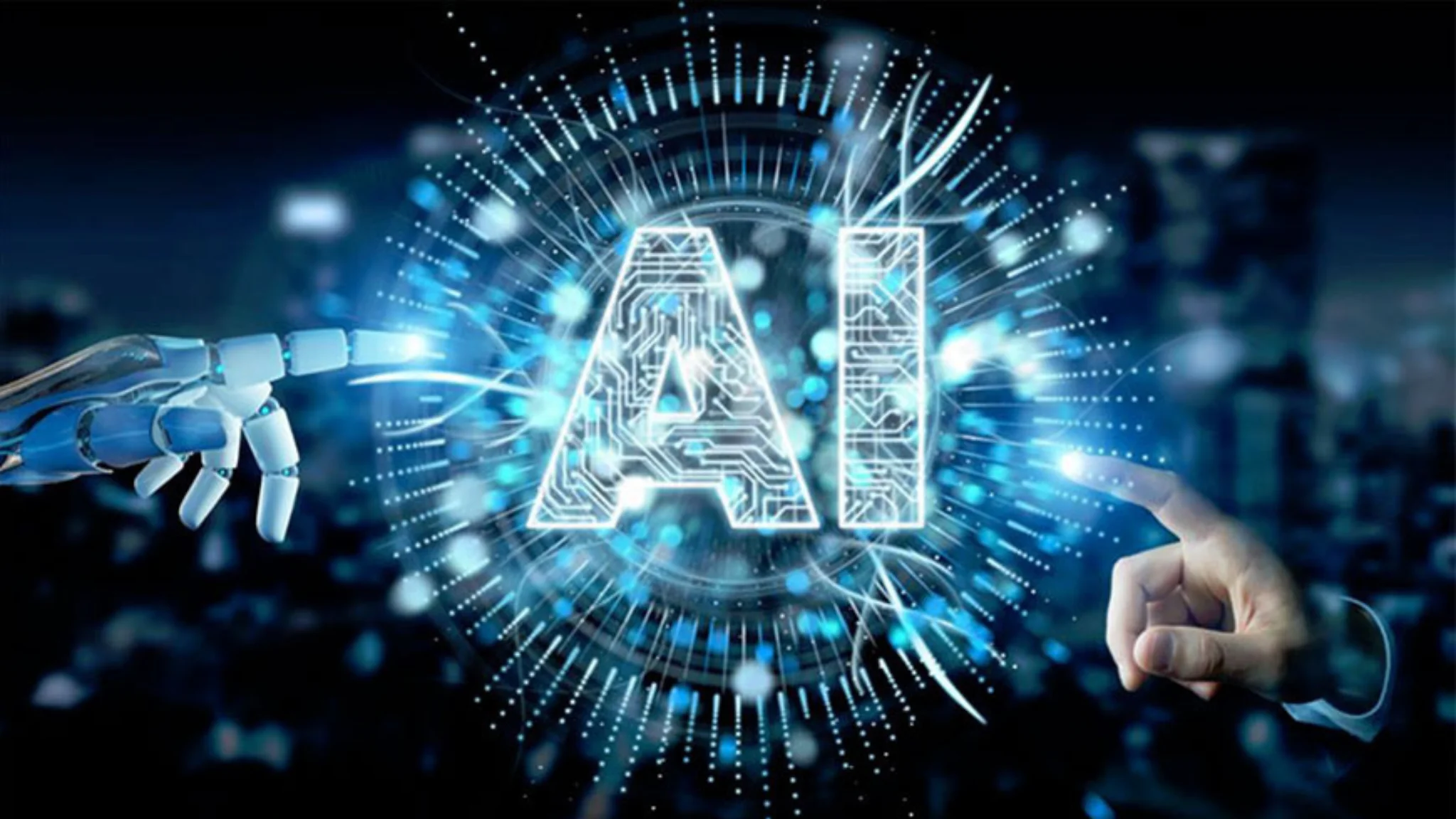 A futuristic workspace featuring AI technology, illustrating the evolving relationship between AI and the future of work.