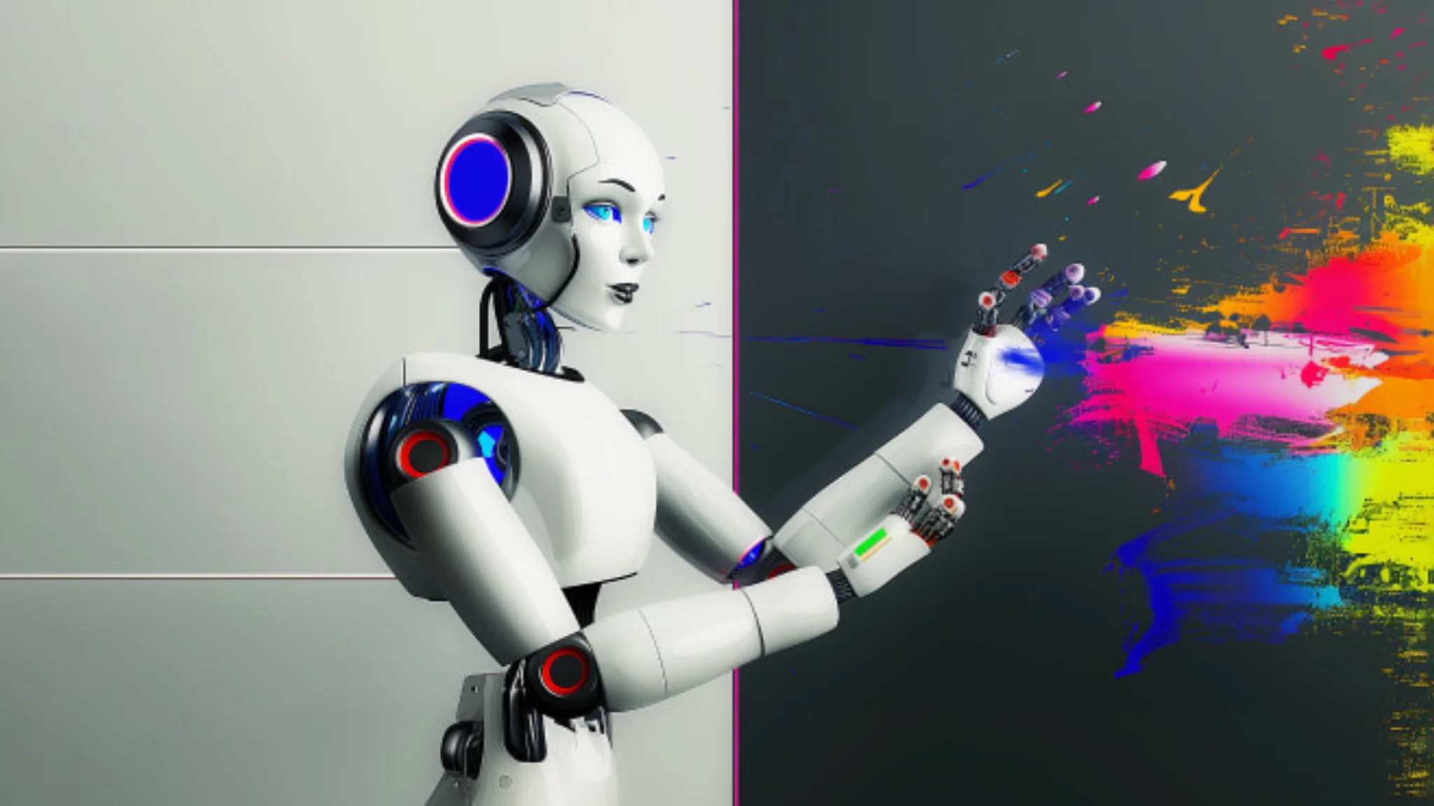 A robot with a paintbrush is cheerfully painting a vibrant, colorful wall.