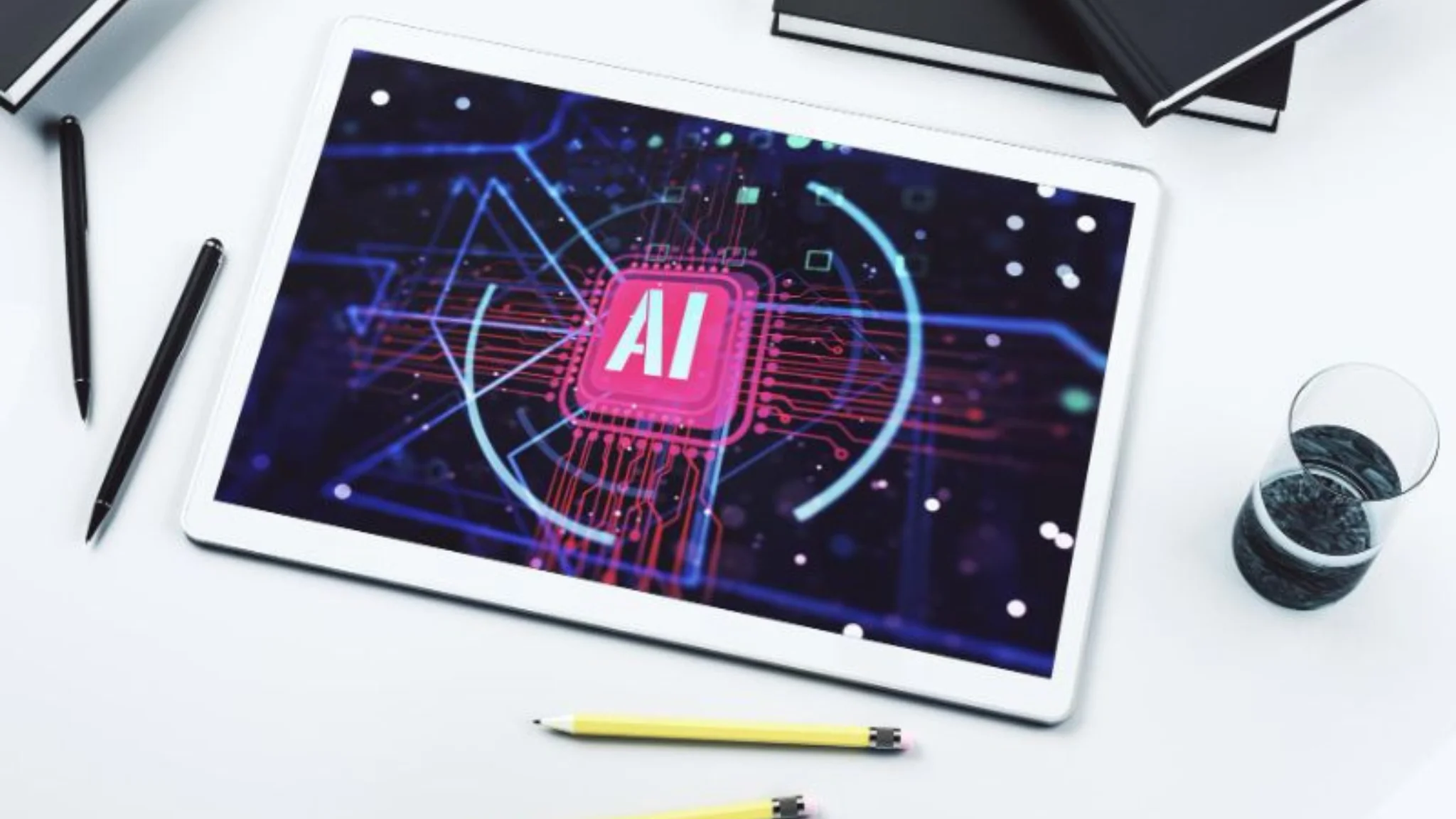 A futuristic workspace featuring AI technology, illustrating the evolving relationship between AI and the future of work.