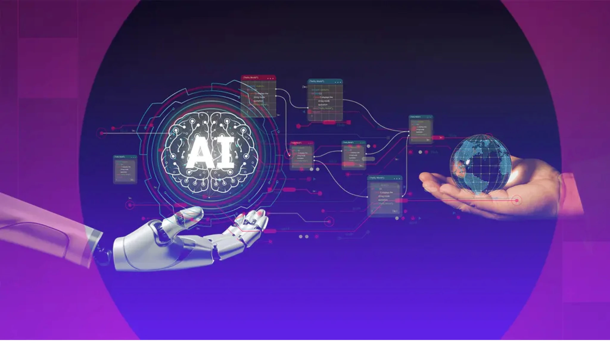 Illustration of AI and machine learning technologies integrated into enterprise systems for enhanced business efficiency.