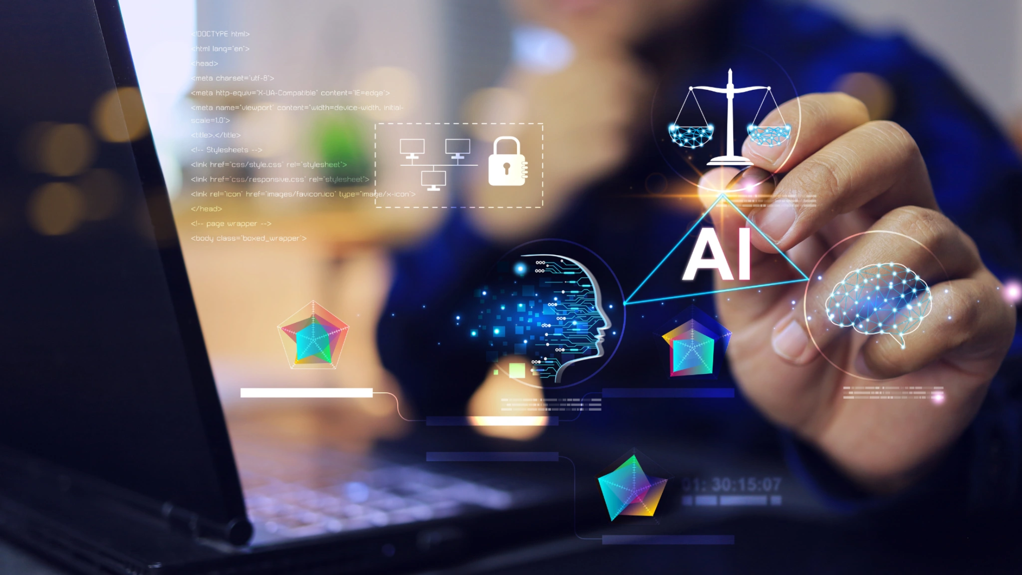 Laptop screen displaying a vibrant concept of AI technology with digital graphics and data visualizations.