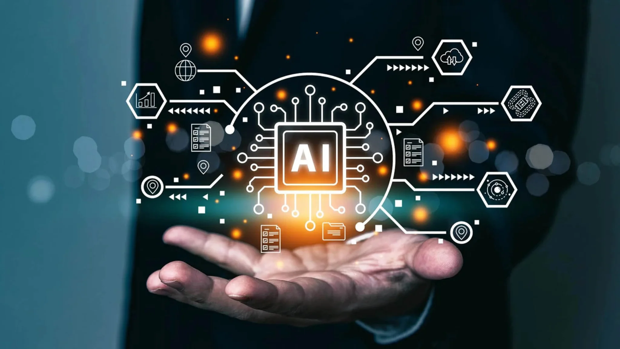 A futuristic office scene showcasing AI technology enhancing business operations and collaboration among diverse professionals.
