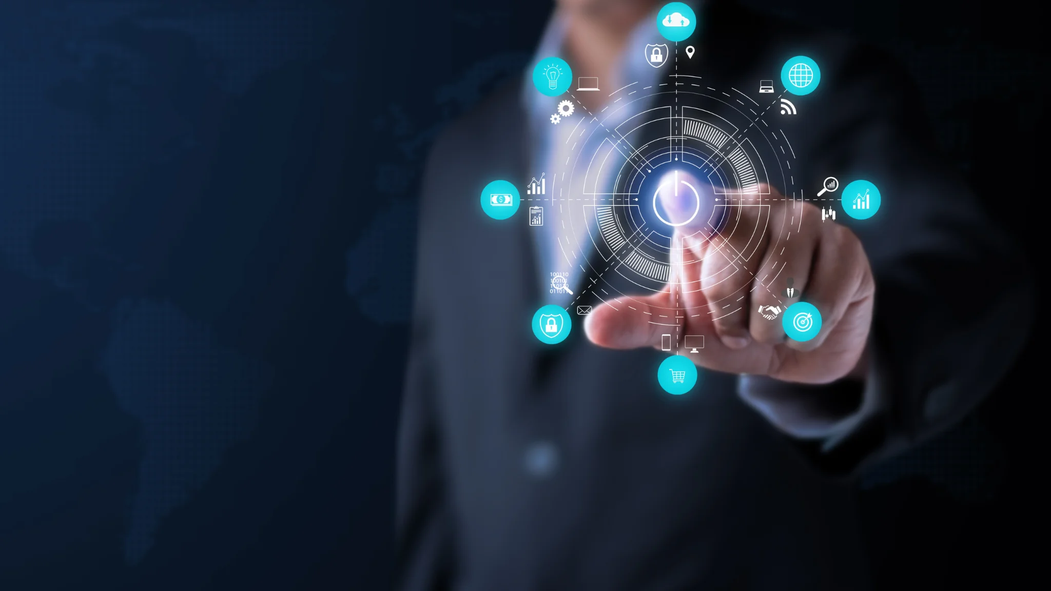 Businessman pressing a button surrounded by various social media icons, symbolizing digital connectivity and engagement.