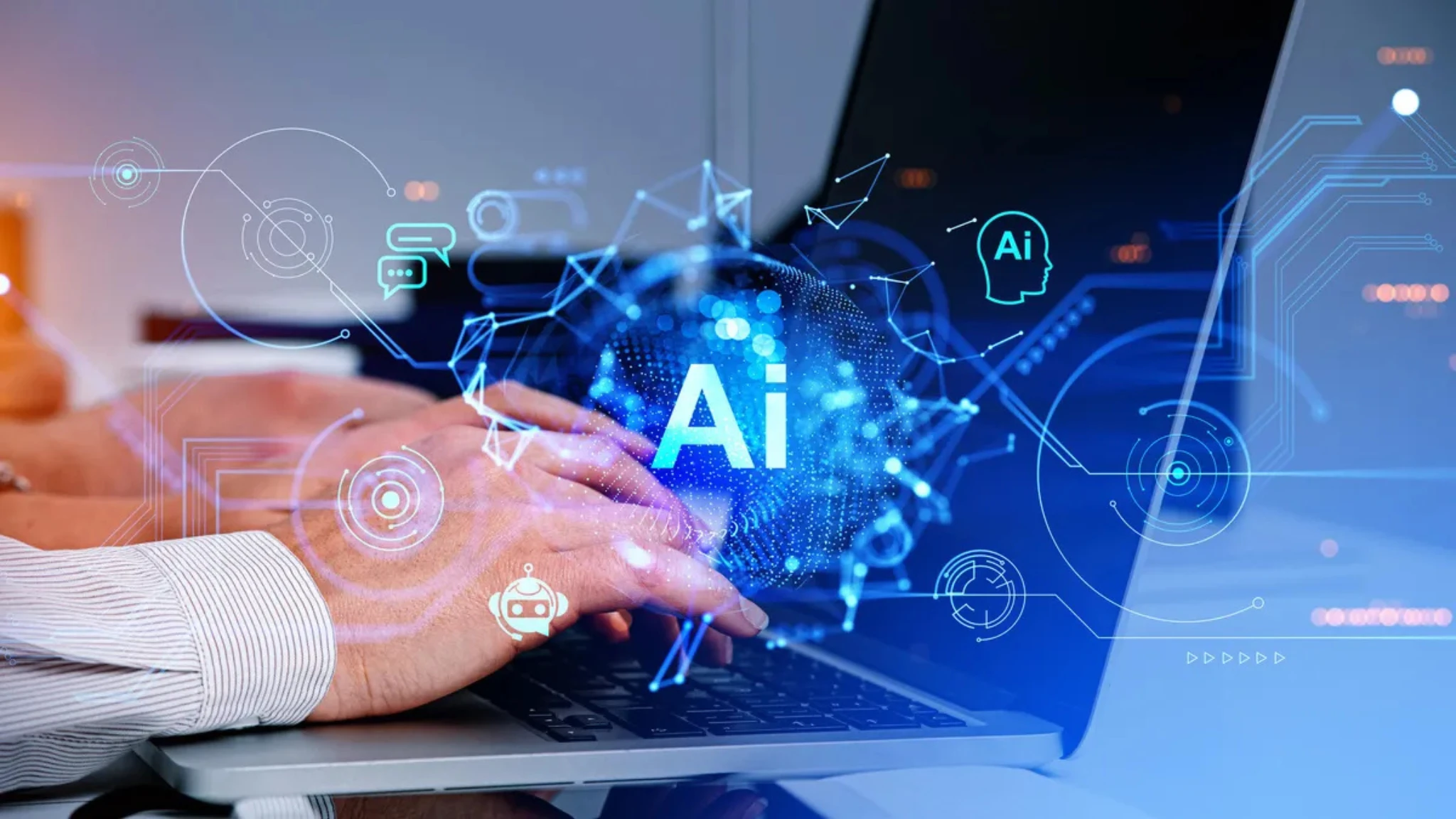A futuristic workspace featuring AI technology, illustrating the evolving relationship between AI and the future of work.