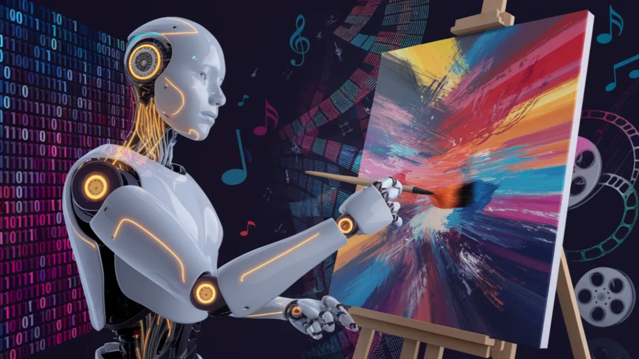 A futuristic artwork blending technology and creativity, showcasing AI's impact on the evolution of art.