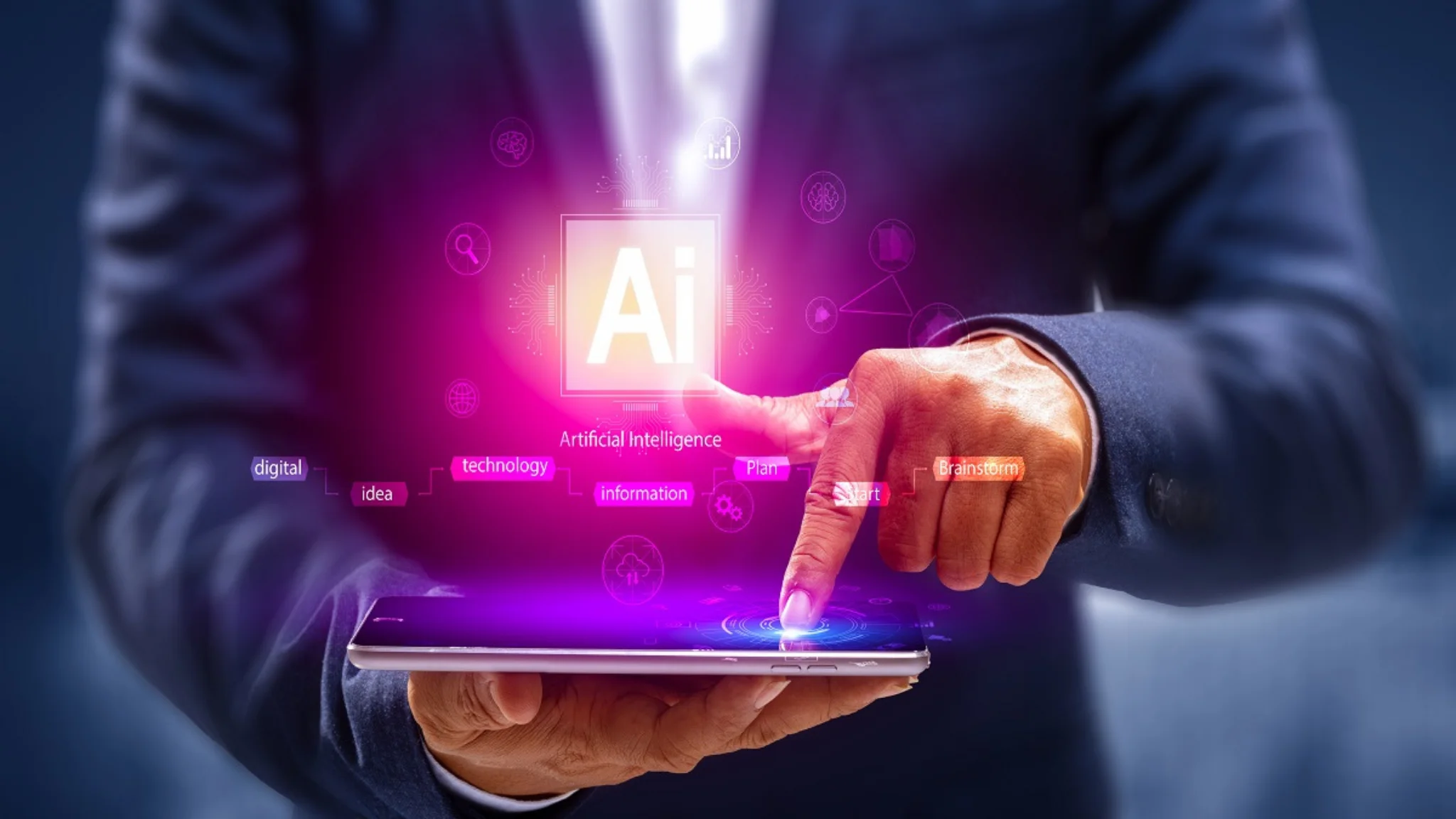 A businessman in a suit holds a tablet displaying a digital interface, looking engaged and focused on the screen.