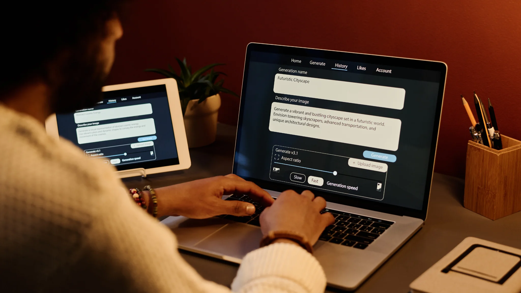 A man focused on his laptop, which displays a message on the screen.