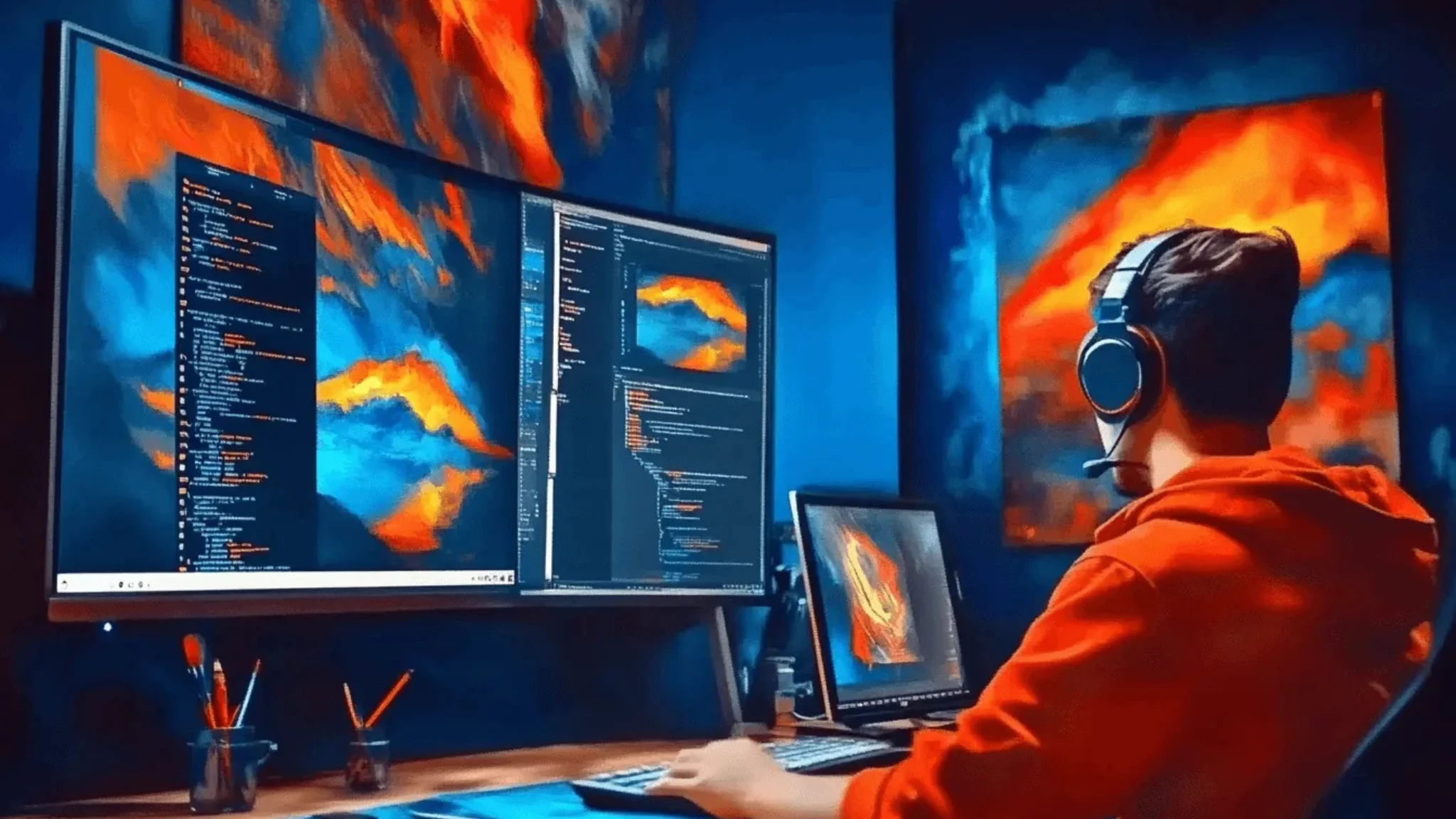 A man wearing headphones focuses intently on his computer screen while working.