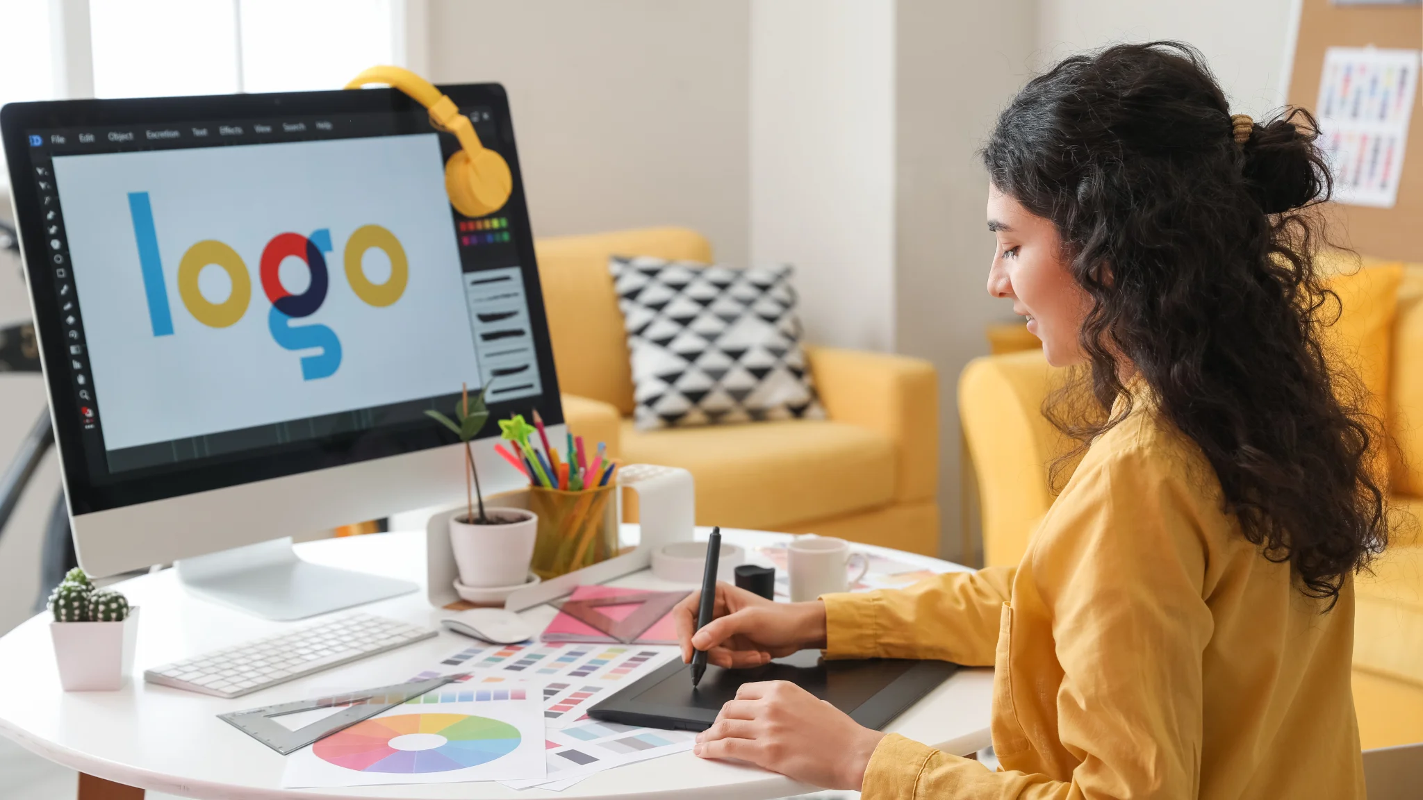 A woman designs a logo on her computer, focused and creative in her workspace.