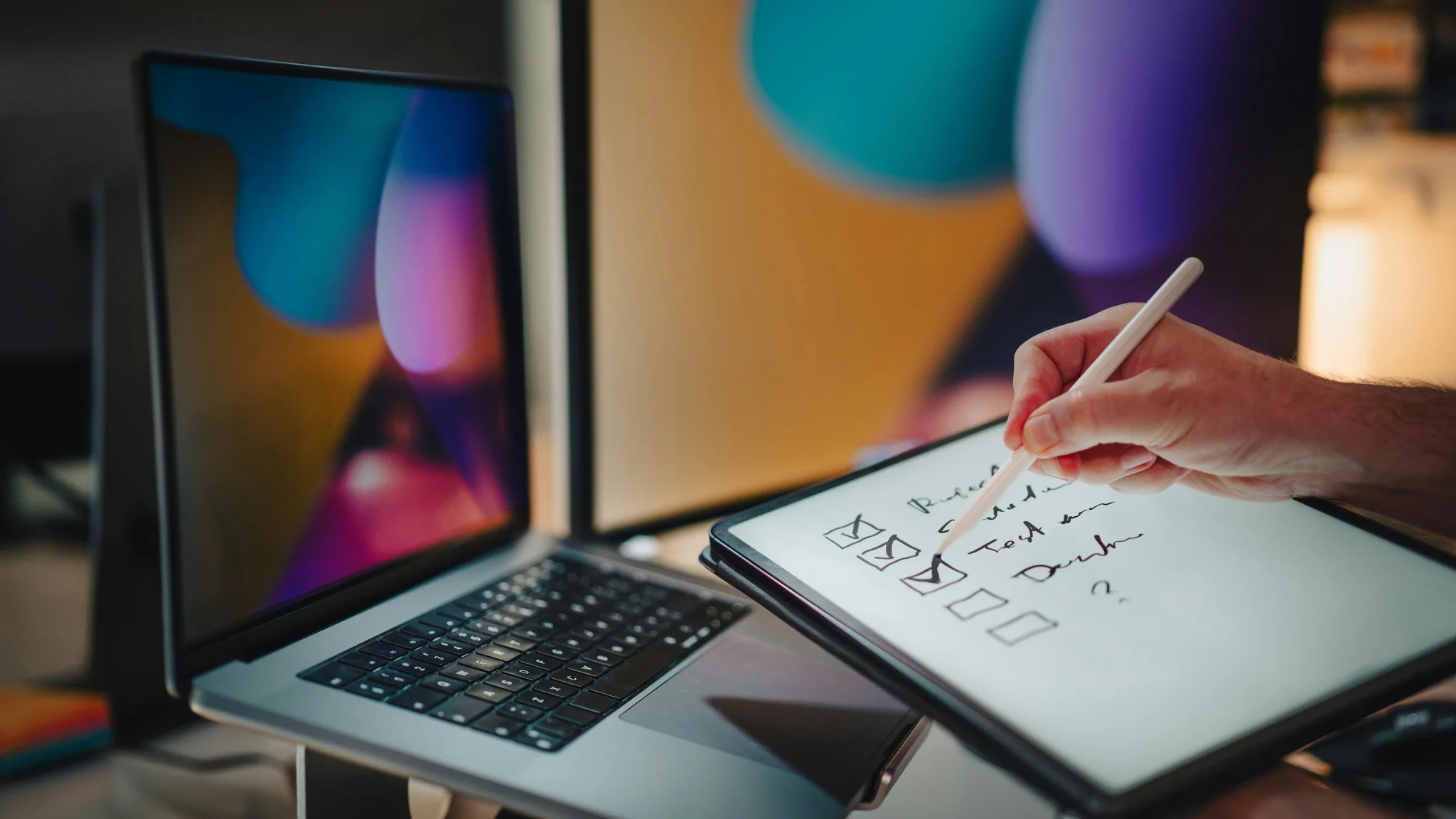 A person drawing on a laptop using a tablet, focused and engaged in their creative process.