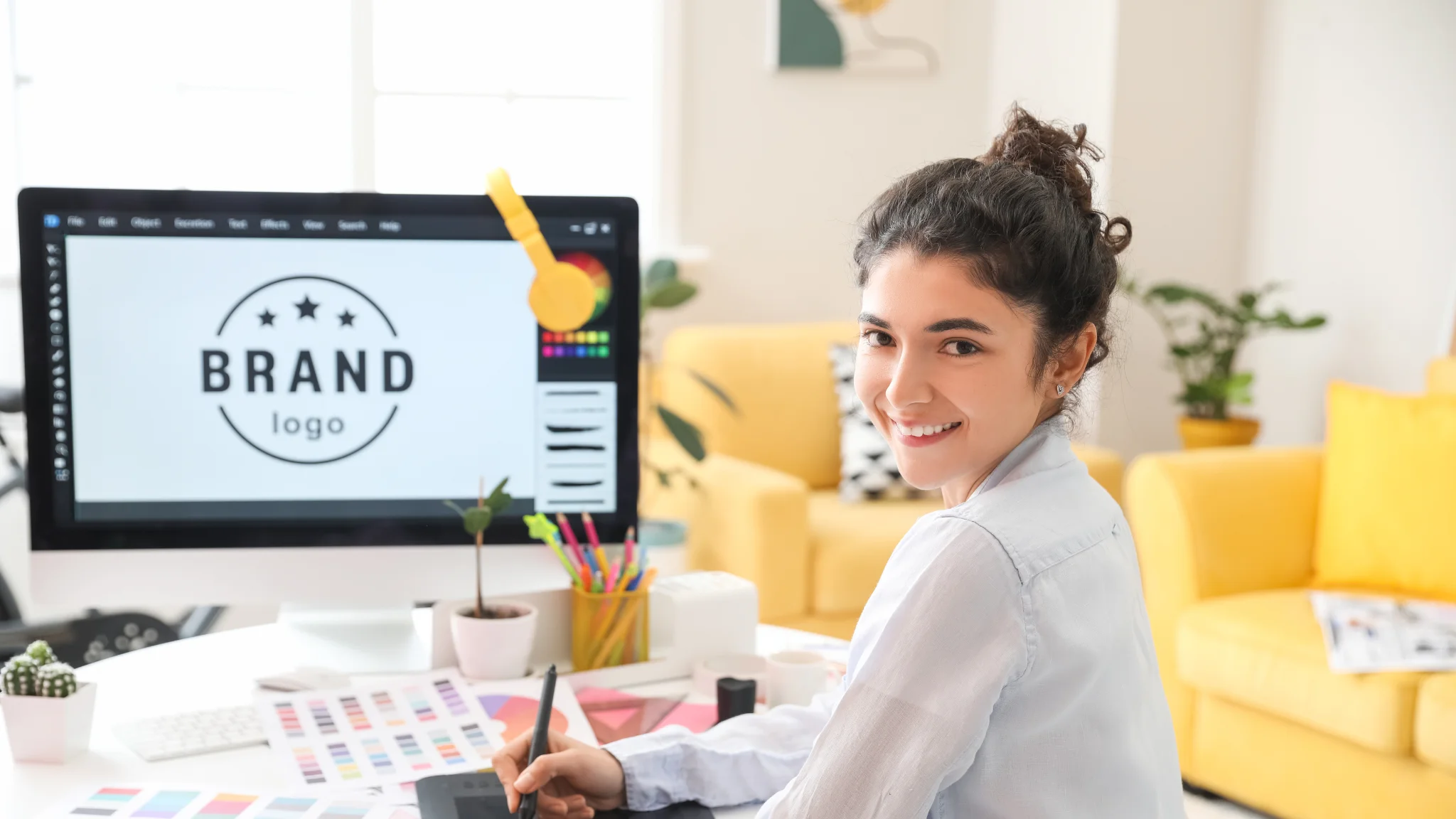 A woman sitting at a desk, focused on her computer displaying a brand logo.