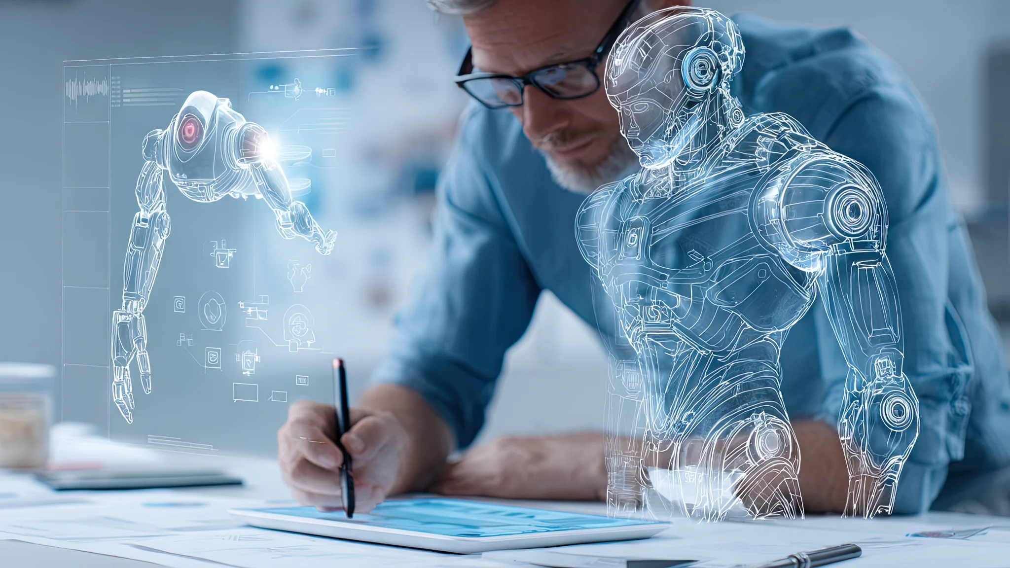 A man focuses on a tablet displaying a robot, engaged in work or a project.
