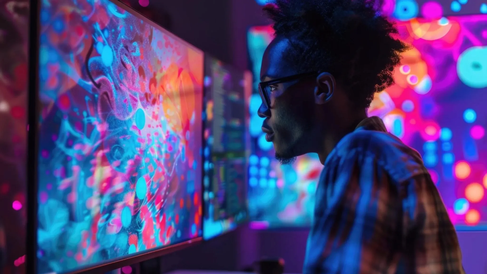 A man is positioned before two large, brightly lit monitors, showcasing a dynamic and colorful display.