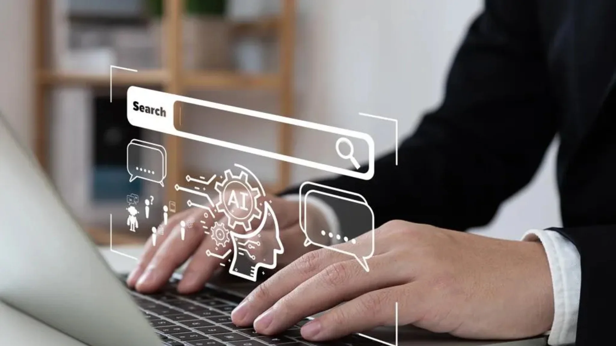 A person typing on a laptop with a visible search icon on the screen, focused on finding information online.