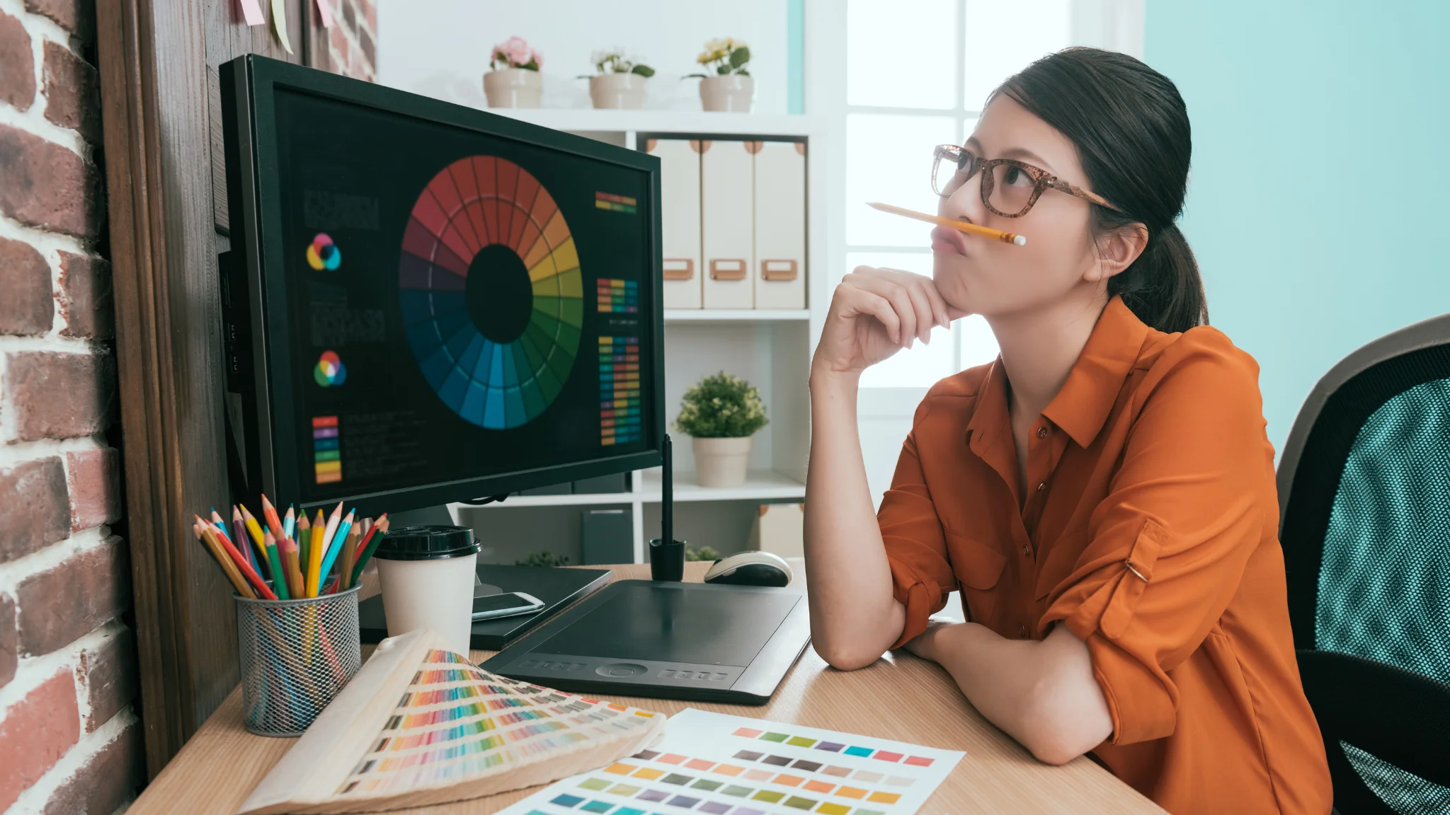 A woman sits at a desk with a computer and a color wheel, focused on her work in a bright, creative workspace.