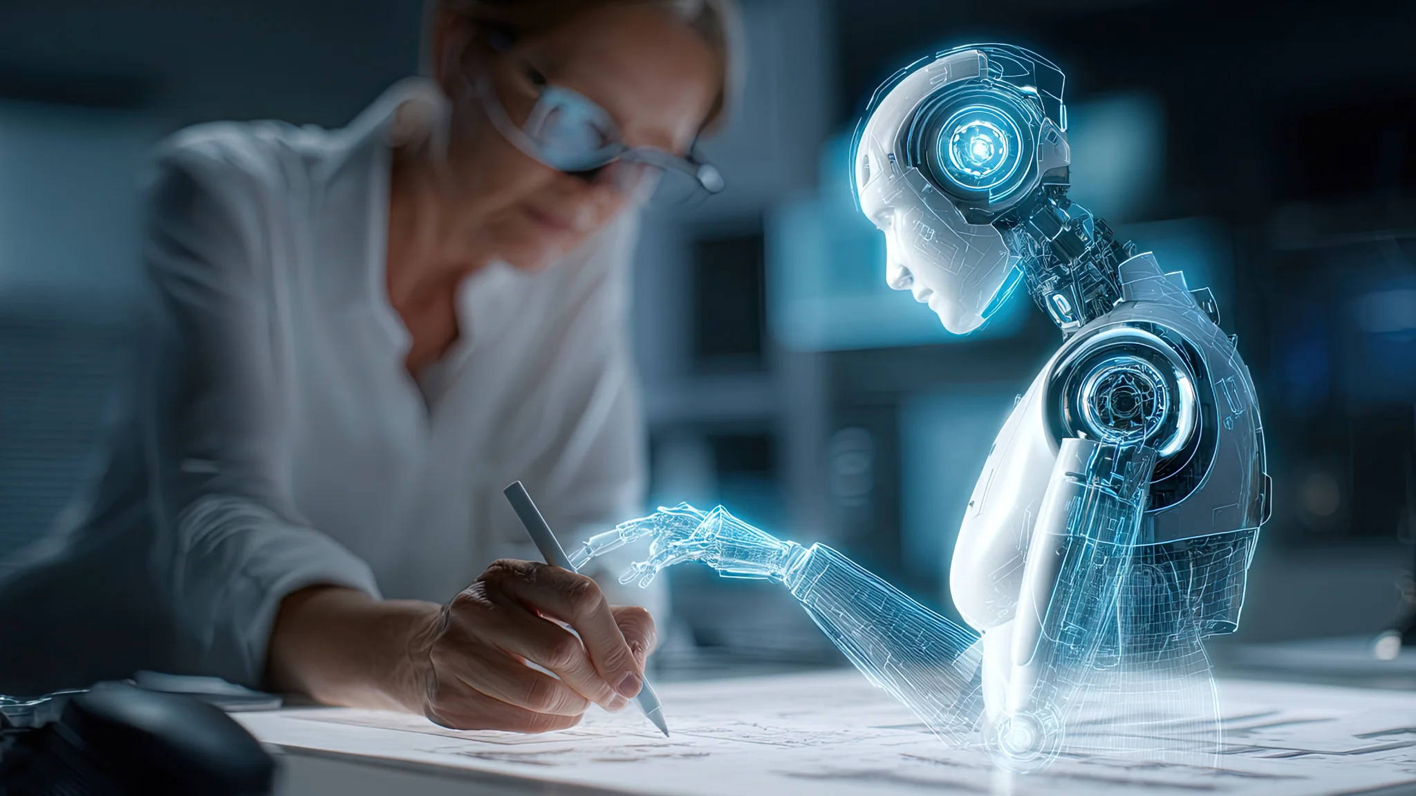 A woman writes on paper while a friendly robot observes her, showcasing collaboration between human and technology.