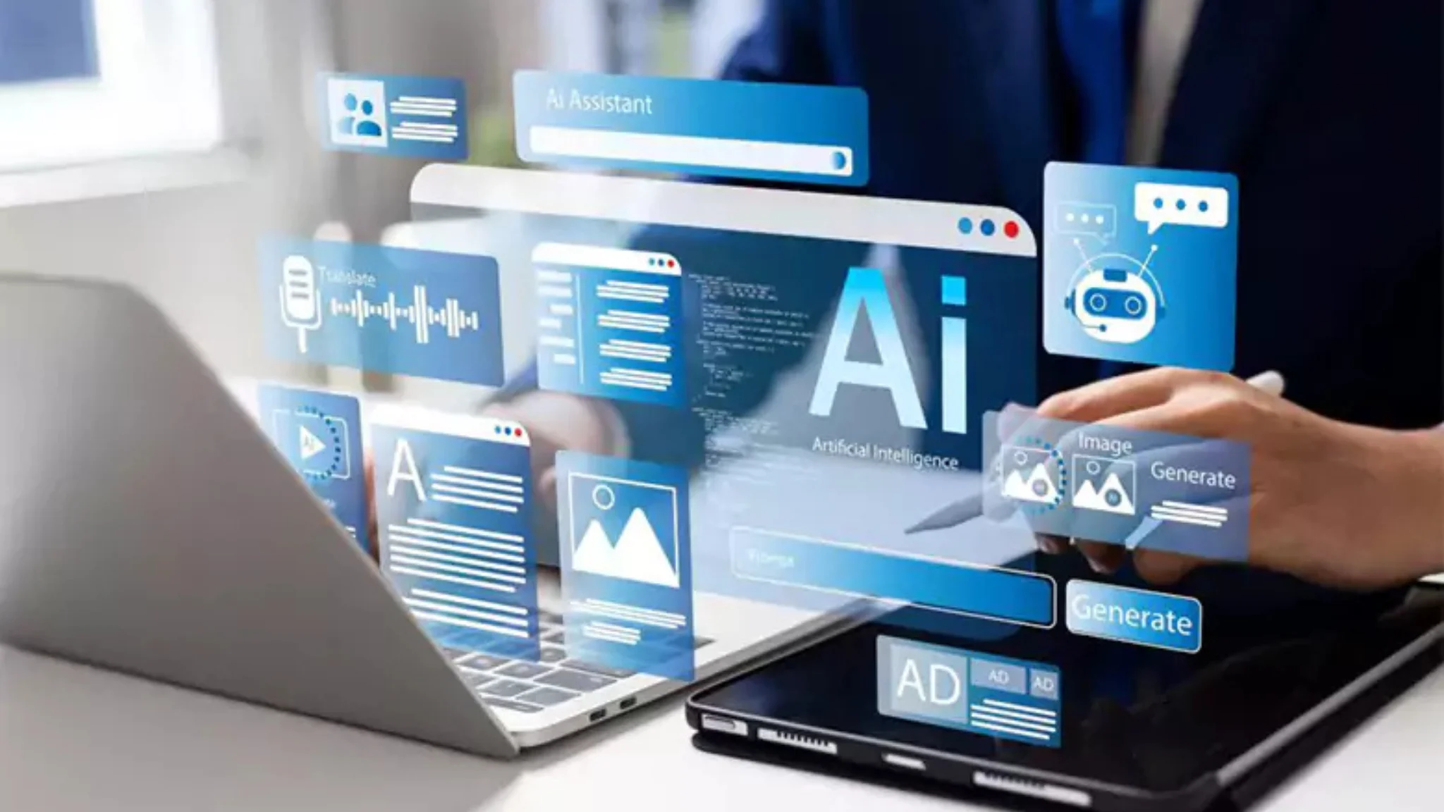 A diverse team collaborating with AI tools on laptops in a modern office setting, showcasing technology in the workplace.