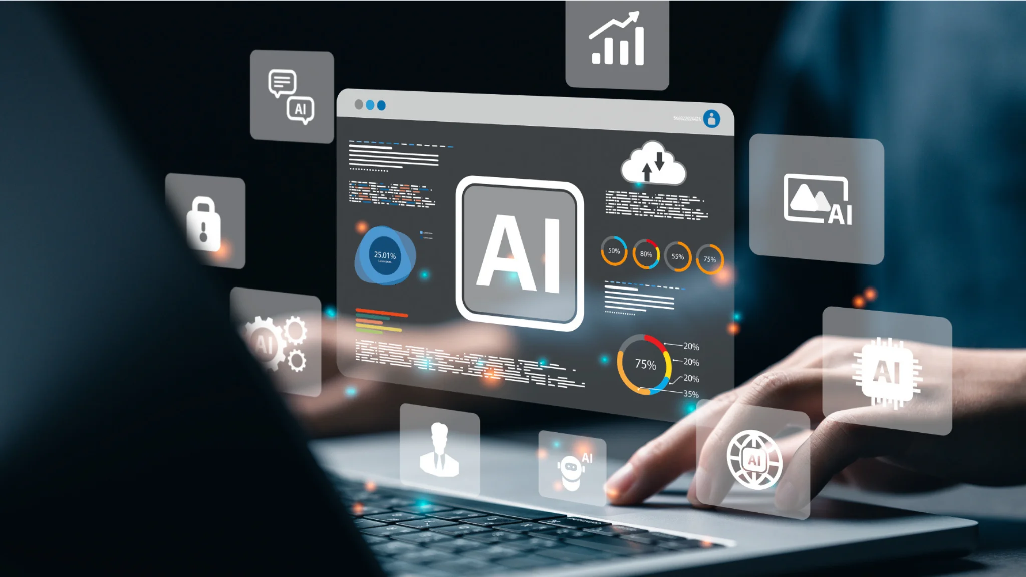 Illustration of AI and machine learning concepts applied in a corporate setting, showcasing data analysis and automation.