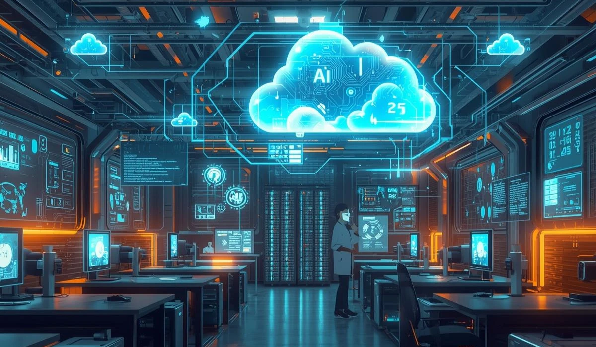 A computer room featuring multiple workstations and a prominent cloud computing icon on the wall.