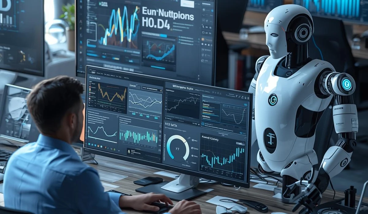 A team of people working on computers, surrounded by robots, showcasing a blend of technology and teamwork.