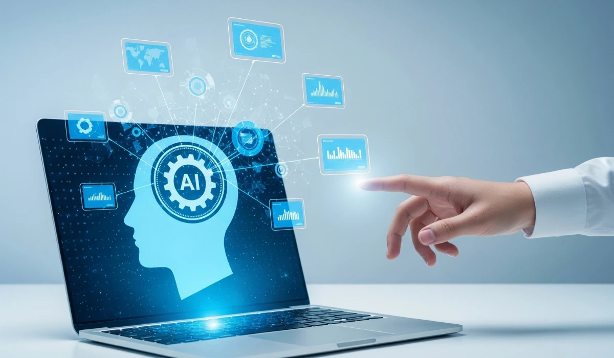 Hand touching a laptop displaying a brain icon, symbolizing technology and intelligence.