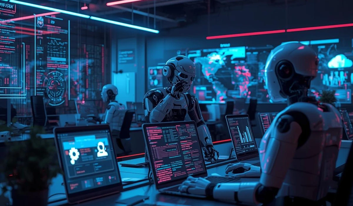 A sleek robot in a cyber security lab, equipped with monitors and tools, focused on enhancing digital security measures.
