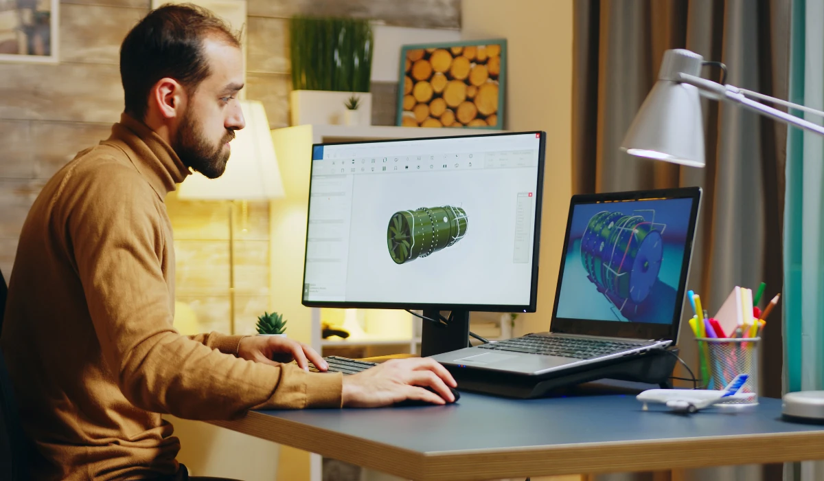 A man focused on a computer screen, working on a detailed 3D model in a bright, modern workspace.