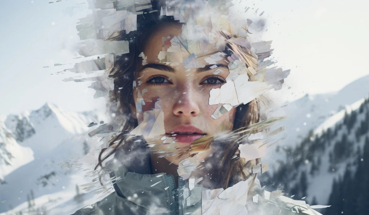 A woman with a snow-covered face stands in front of a majestic snow-covered mountain.