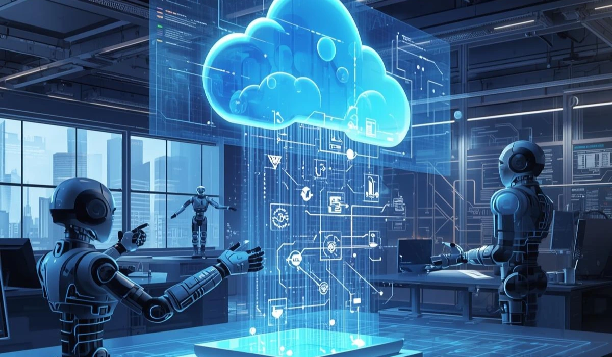 Two friendly robots stand in front of a vibrant cloud computing screen, showcasing digital data and connectivity.