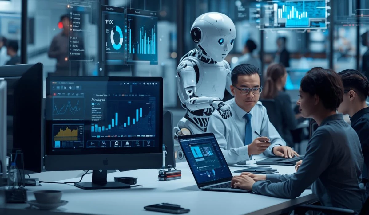 Several individuals working on computers, with a robot standing in the background, adding a techy vibe to the scene.