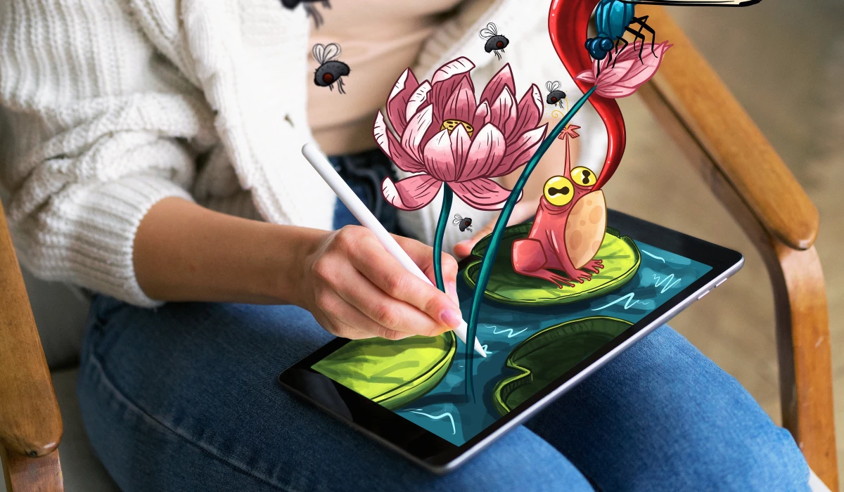 A woman is focused on drawing on a tablet with a stylus, showcasing her artistic skills.