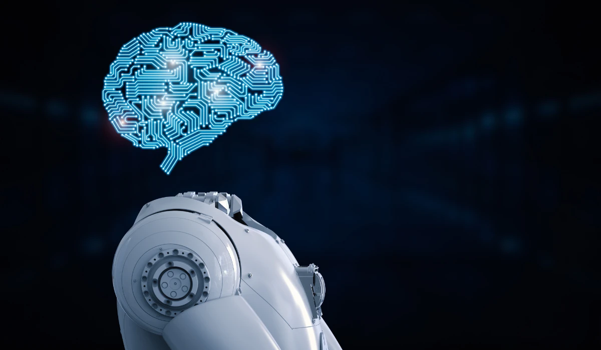 A robot holds a human brain in its hand, symbolizing the intersection of technology and intelligence.