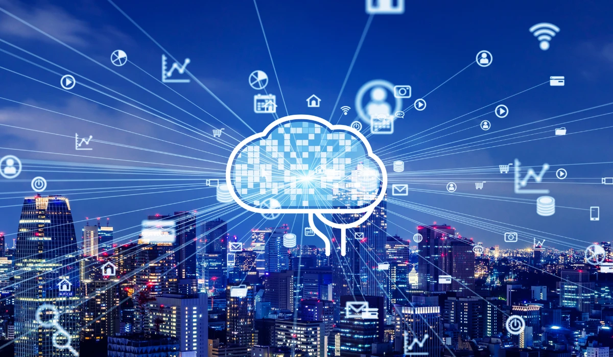 A futuristic city skyline with cloud computing symbols, showcasing advanced technology and innovation in urban life.