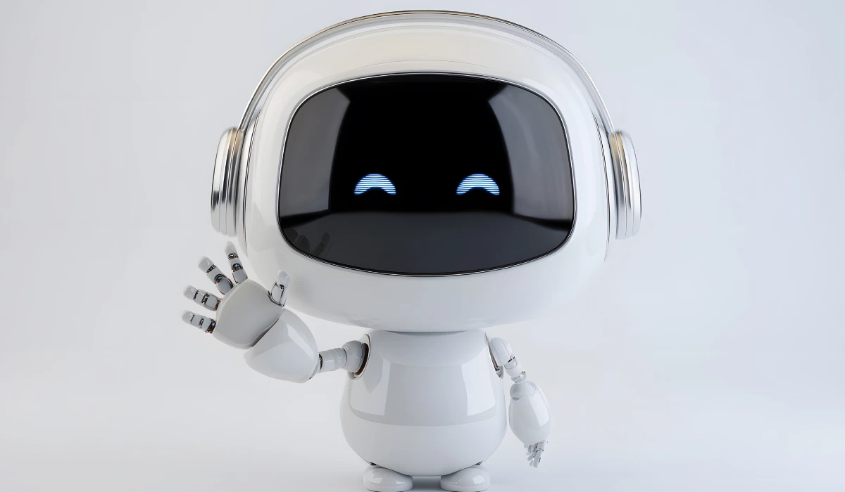 A cheerful robot wearing headphones, smiling brightly, exuding a friendly and approachable vibe.