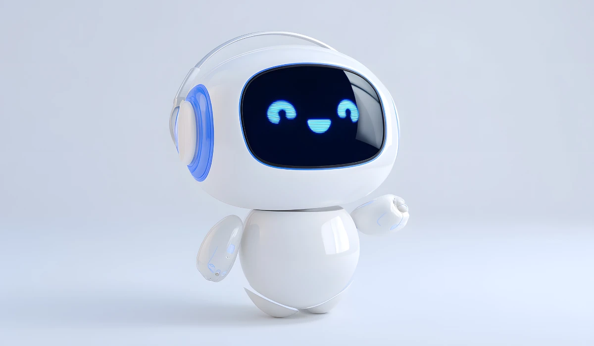 A cute little robot wearing headphones, ready to enjoy some music or audio content.