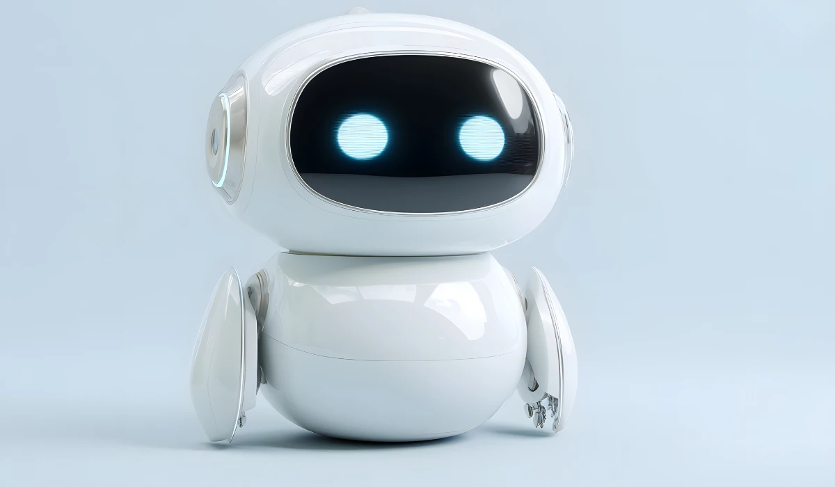 A white robot with glowing eyes stands out against a vibrant blue background.