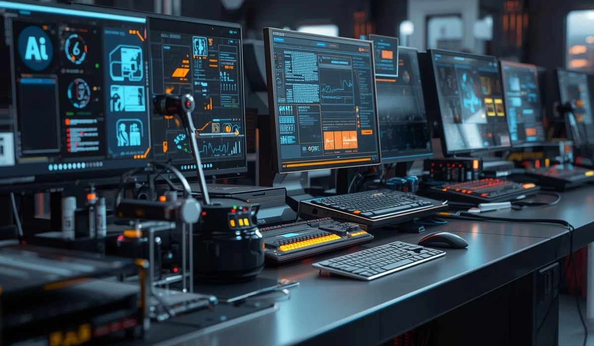 A row of computer monitors lined up neatly on a desk, showcasing a modern workspace setup.