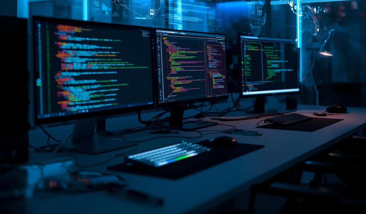 A tech workspace featuring several monitors and keyboards, illustrating a collaborative computer room environment.