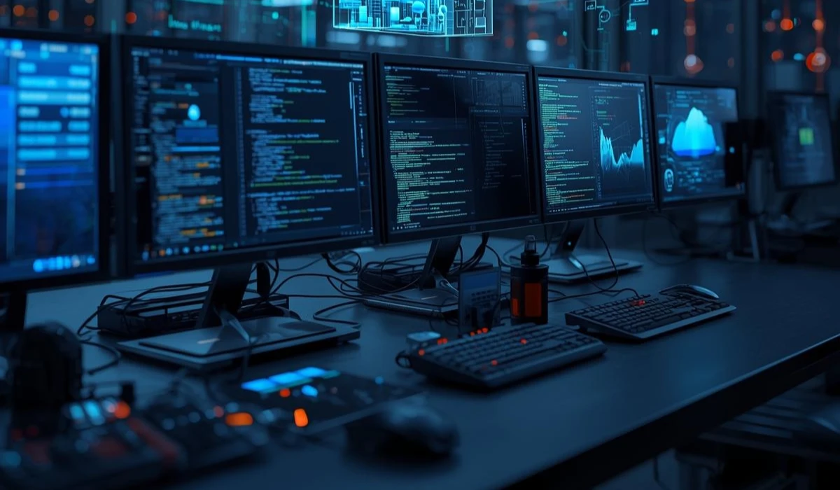 A row of computer monitors displaying various data and graphs in a modern office setting.