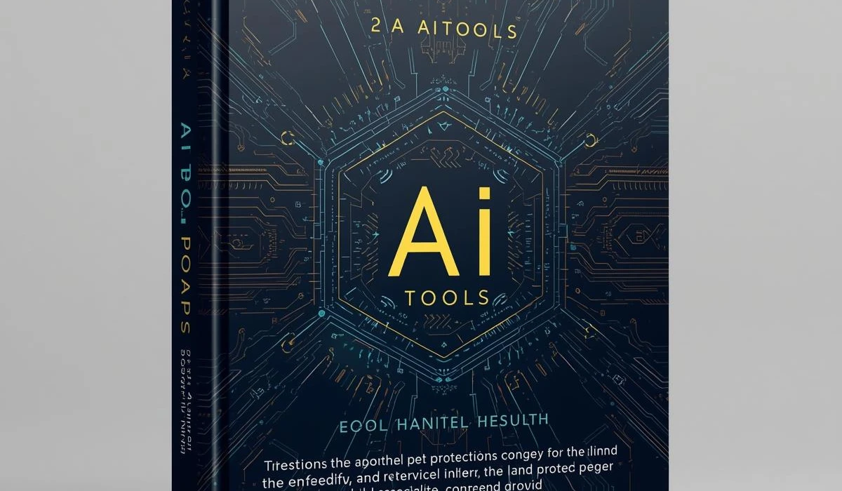 Mockup of a book cover featuring AI tools, showcasing a modern design with vibrant colors and tech-themed graphics.