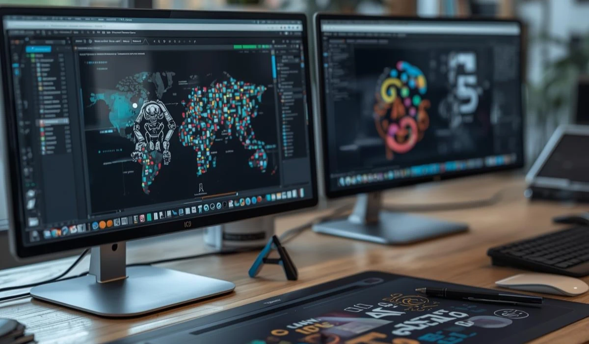 Two computer monitors displaying colorful graphics and data visualizations side by side on a desk.