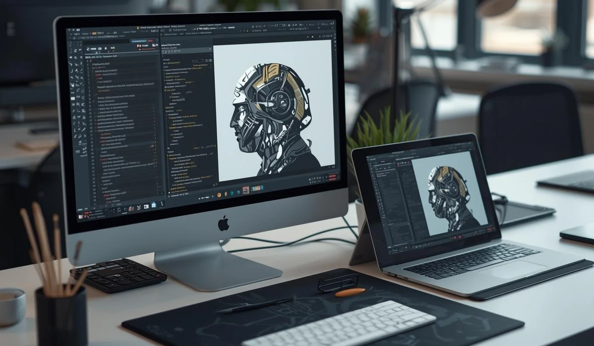 A computer screen displaying a colorful photo of a friendly robot.