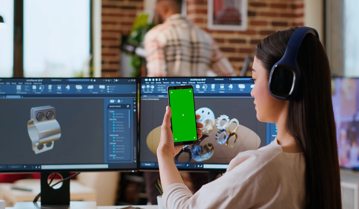 A woman interacts with a green screen feature on her smartphone, showcasing her creativity and tech-savviness.