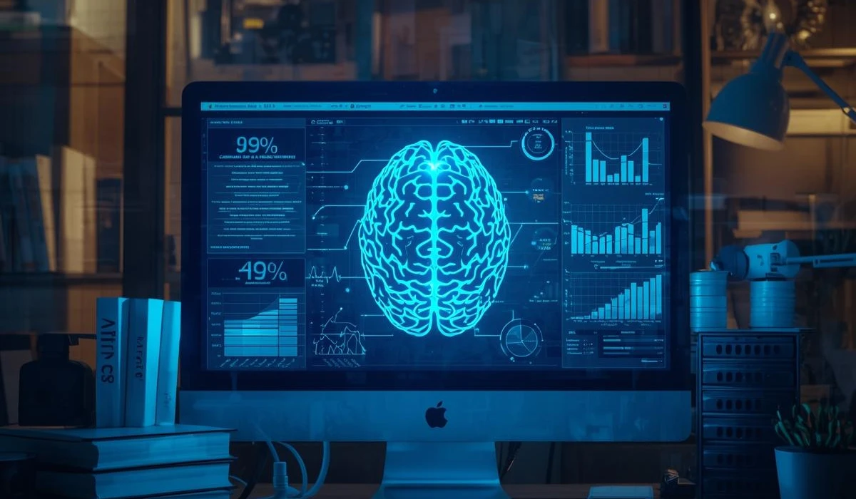 A digital screen shows a brain image, highlighting the connection between computing and human thought.